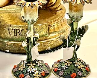 Pair of Flower Candle Holders - Austrian Crystals & Enamel