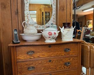 Antique dresser with antique ceramics/porcelain // vintage embellished mirror