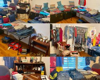 Men & Women's Clothing, Vintage Hathaway's Mahogany Drop Leaf Desk with key, 2 Twin Quilt Sets, 2 Old Steamer Trunks