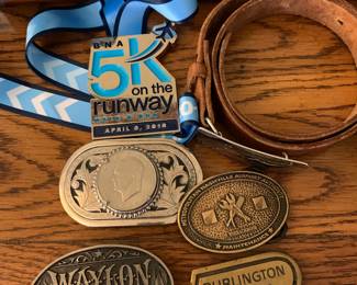 Waylon and Wille belt buckle, Nashville Airport Authority, Burlington Northern; 5K on the Runway at BNA medal, silver dollar belt buckle