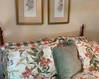 full bed, bedding, wall art