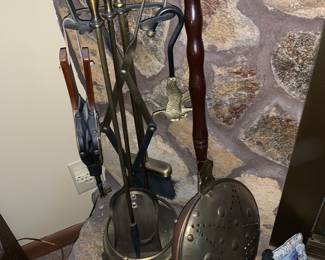 brass bed warmer; fireplace set