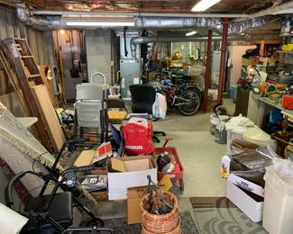 a view of the garage. Tools! Wood! Lawn and garden! Camping, Boy Scouts. Bicycles. So many choices!