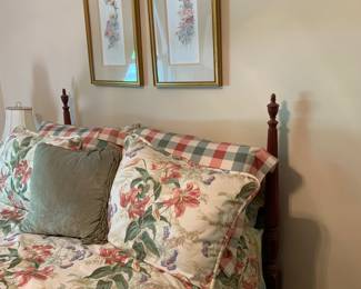 full bed, bedding, wall art