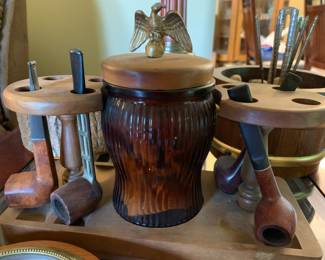 tobacco jar/stand with pipes