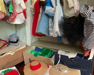 Barbie -will be sold as a one lot. Shoes, purses, bags, hats, clothes, doll, stand, case, hangars