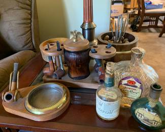 tobacco stands; nut bowls, vintage bottles