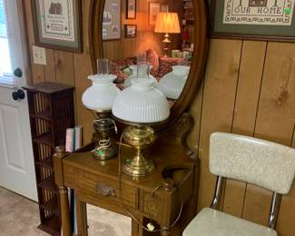 Hall tree, brass lamps