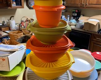 Old school Tupperware, yellow, orange, green and brown