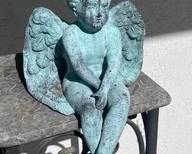 Cast Iron Sitting Cherub With Verdigris Finish
