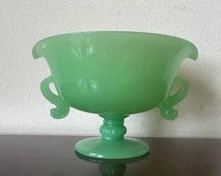 Early Fenton Jadeite Depression Glass Bowl W/ Dolphin Handles K8