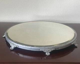 Antique Footed Mirror Plateau Beveled Mirror Frame W/ Feet & Silver Finish T3
