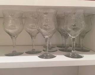Set Of 10 Vintage (c. 1930s) Tiffen Wine Glasses W/ Art Deco Pattern Etching - Like New! K129
