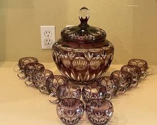 Stunning Vintage Antique Lead Crystal Covered Punch Bowl & 12 Cups K150