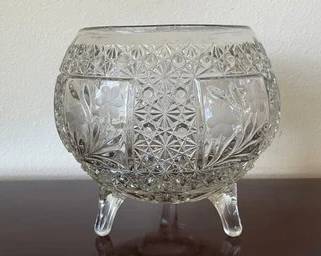 Vintage/antique Large Crystal Rose Bowl, Footed Button & Bows - Mint K97
