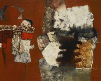 129
Enrique Galdos Rivas
b. 1933
"Rostro," 1963
Oil on canvas
Signed and dated lower right: Galdos Rivas; signed and dated again, titled, and inscribed; Lima Peru, all verso
34.5" H x 48" W
Estimate: $3,000 - $5,000