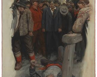 87
Edwin Roscoe Shrader
1878-1960
"Wade Stood Above The Fallen Foe," 1906
Oil on canvas
Initialed and dated lower right: R.S; titled by repute
30" H x 20" W
Estimate: $2,000 - $4,000