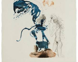 6
Salvador Dali
1904-1989
"Oedipus And Sphinx" From The "Mythologie" Suite, 1963-65
Color heliogravure and drypoint on Japon nacre
Edition: XLII/C (there were also 150 on Arches and XX on Japanese paper)
Signed and numbered in pencil in the lower margin: Dali; Pierre Argillet, pub.
Plate: 19.25" H x 15.5" W; Sheet: 30" H x 22.5" W
Estimate: $1,000 - $1,500