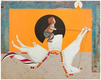 77
John McKaughan, Jr.
1927-2023
Young Boy Riding Inverted Horse
Oil, gold leaf, and mixed media on canvas
Signed verso: John McKaughan
47.5" H x 59.5" W
Estimate: $1,000 - $2,000