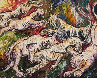 52
Senaka Senanayake
b. 1951
"White Tigers," 1966
Oil on canvas
Signed and dated lower left: Senaka Senanayake; titled on an artist label affixed to the verso
25" H x 30" W
Estimate: $8,000 - $12,000