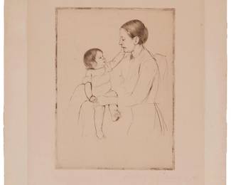 9
Mary Cassatt
1844-1926
"The Caress," Circa 1891
Drypoint on thick Japanese paper
Signed faintly in pencil in the lower margin, at right: Mary Cassatt
Plate: 7.75" H x 5.75" W; Sheet: 14.5" H x 10.875" W
Estimate: $5,000 - $7,000