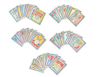 112
Frederic Bruly Bouabre
1923-2014
"Serie: Pagne Traditionnel Beté Peint Aux Couleurs Divines"
Each: Ink, colored crayon, and pencil on heavy cardstock
Each: signed and dated in ink, verso: Bouabre / 27-8-2009; inscribed in French in ink along each edge with the same inscription, except on each card one word changes at the lower edge to represent the nationality of the figure: Aux couleurs divines visage / de femme couronnee de plumes ici la "Libera" / l'art de l'habillement [interchangeable Nationality] / bana-groko: pagne traditionnel bete peint (51 pieces)
Each Image/Sheet: 7.5" H x 6" W
Estimate: $3,000 - $5,000