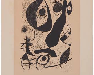 5
Joan Miro
1893-1983
"Universite De Geneve," 1973
Lithograph on Arches paper
Edition: 2/15
Signed and numbered in pencil in the lower margin: Miro; Mourlot, prntr.; Universite de Geneve, pub.
Image: 14" H x 10" W; Sheet: 21.75" H x 17.125" W
Estimate: $1,000 - $1,500