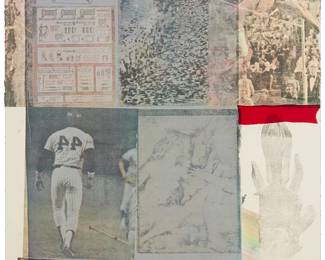 19
Robert Rauschenberg
1925-2008
"Back Out" From "Suite Of Nine Prints," 1979
Offset lithograph in colors on wove paper
Edition: 37/100
Signed, dated, and numbered in pencil at the lower edge: Rauschenberg; Styria Studio, New York, NY, prntr., with their blindstamp in the lower edge, right of center; Multiples, Inc., New York, NY, pub.
Image/Sheet: 30.5" H x 23" W
Estimate: $1,000 - $1,500