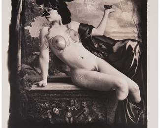 124
Joel Peter Witkin
b. 1939
"Humor And Fear, New Mexico"
Toned gelatin silver print on paper
Edition: 5/10
Signed, titled, numbered, and with the artist's copyright in pencil, all verso
Image: 15.5" H (irreg.) x 14.25" W (irreg.) Sheet: 19.5" H x 16" W
Estimate: $1,500 - $2,500