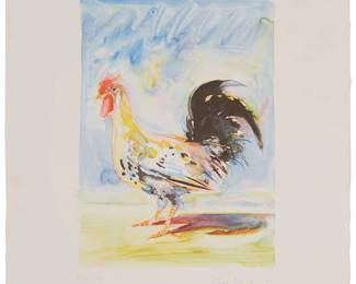 30
Wayne Thiebaud
1920-2021
"Rooster," From "The Physiology Of Taste," 1994
Lithograph in colors on wove paper
Edition: P.P. 1/5 (one of five printer's proofs aside from the edition of 20)
Signed, dated, numbered, and inscribed in pencil in the lower margin: Thiebaud; Trillium Graphics, Brisbane, CA, prntr.; Arion Press, San Francisco, pub.
Image: 12.25" H x 9" W; Sheet: 20" H x 16" W
Estimate: $3,000 - $5,000