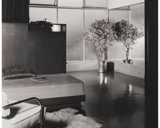 121
Julius Shulman
1910-2009
Grace Lewis Miller House Interior With Couch
Silver gelatin print mounted to gatorboard
Signed in white ink, lower right: Julius Shulman
20" H x 15.75" W
Estimate: $1,000 - $1,500