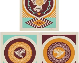 46
Shepard Fairey
b. 1970
"Peace Series 2 (Doves)," 2015
The set of three screenprints in colors on Stonehenge paper
Edition of each: artist's proof (the edition was 250)
Each signed, dated, and inscribed in pencil in the lower margin: Shepard Fairey; Poster Child Prints, Los Angeles, CA, prntr./pub., with their blindstamp
Image of each: 15.75" H x 12" W; Sheet of each: 18" H x 14" W
Estimate: $500 - $700