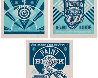 45
Shepard Fairey
b. 1970
"Paint It Black Series," 2016
The set of three screenprints in colors on Somerset paper
Edition of each: 299/300
Each signed, dated, and numbered in pencil in the lower margin: Shepard Fairey; Poster Child Prints, Los Angeles, CA, prntr. / pub., with their blindstamp
Image of each: 15.75" H x 12" W; Sheet of each: 18" H x 14" W
Estimate: $500 - $700