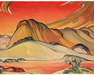 109
Tarmo Pasto
1906-1986
"Red Windswept Sky I," 1972
Oil on canvas
Signed and dated lower left: Tarmo Pasto; titled on the stretcher
24" H x 36" W
Estimate: $2,000 - $3,000
