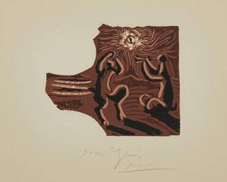 13
Pablo Picasso
1881-1973
"La Petite Bacchanale," 1959-1961
Linocut in colors on Arches paper
An unnumbered impression aside from the edition of 50
Signed and inscribed, partly illegibly, "pour [possibly Luis]," in pencil in the lower margin: Picasso
Image: 8.625" H x 10.375" W; Sheet: 17.625" H x 24.625" W
Estimate: $6,000 - $8,000