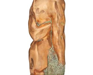 141
Michael Shacham
b. 1938
"Internal Struggle"
Polished and verdigris bronze on wood plinth
Edition: 3/10
Signed and numbered: [artist's cipher] / III/X; titled on the certificate of authenticity
Bronze: 19.875" H x 8.75" W x 8.5" D; Plinth:- 3.875" H x 8.125" W x 7.875" D
Estimate: $1,200 - $1,800