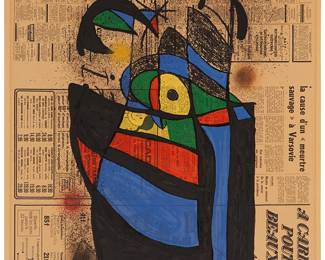 4
Joan Miro
1893-1983
"Le Journal," 1972
Lithograph in colors on Arches paper
Edition: 35/50
Signed and numbered in pencil in the lower margin: Miro; Maeght, Paris, pub.
Image: 25" H x 19.375" W; Sheet: 29.25" H x 20.75" W
Estimate: $3,000 - $5,000