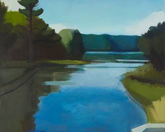 36
James Weeks
1922-1998
"Concord River Seen From A Bridge"
Acrylic on canvas
Initialed lower left: JW; titled on two labels affixed, verso
66.5" H x 54.5" W
Estimate: $4,000 - $6,000