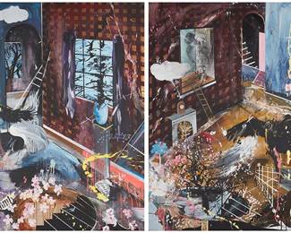 50
Dan Baldwin
b. 1972
"Cherry Blossom I," And "Cherry Blossom II" (Dipytch), 2015
Mixed media with collage on two canvases
Each signed and dated in black marker on the stretcher bar, verso: Dan Baldwin; the first signed and dated again in ink along one of the wrapped vertical edges of the canvas, verso; the second inscribed "cold wind blows" in ink along the wrapped upper edge of the canvas, verso
Each: 48" H x 43" W
Estimate: $7,000 - $9,000