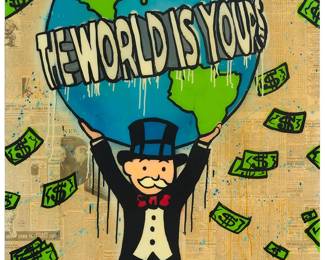 48
Alec Monopoly
b. 1986
"The World Is Yours"
Mixed media on panel
Signed lower edge: Alec Monopoly
48" H x 36" W
Estimate: $10,000 - $15,000
