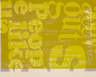 65
Corita (Sister Mary) Kent
1918-1986
"One Great Loaf," 1965
Screenprint in colors on paper
From the edition of unknown size
Signed in ink in the lower margin, at right: Sister Mary Corita
16.75" H x 23" W
Estimate: $400 - $600