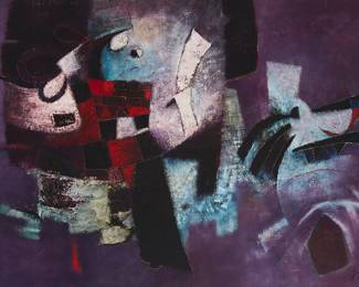 130
Enrique Galdos Rivas
b. 1933
"Mochica," 1963
Oil on canvas
Signed and dated lower right: Galdos Rivas; signed again, titled, and inscribed: Lima - Peru, all verso
36" H x 60" W
Estimate: $3,000 - $5,000