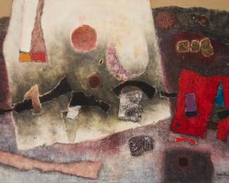 131
Enrique Galdos Rivas
b. 1933
"Paisaje Surrealista," 1964
Oil on canvas
Signed and dated lower right: Galdos Rivas; titled, dated, and inscribed: Lima, all verso
33.75" H x 47.5" W
Estimate: $3,000 - $5,000