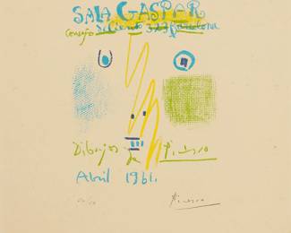 11
Pablo Picasso
1881-1973
"Sala Gaspar, Barcelona," 1961
Lithograph in colors on thick wove paper
Edition: 50/50
Signed and numbered in pencil in the lower margin: Picasso; Sala Gaspar, Barcelona, pub.
Image approx: 9" H x 7.25" W; Sheet: 18" H x 14" W
Estimate: $1,000 - $1,500