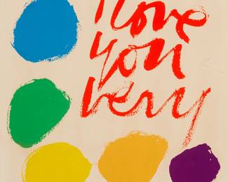 64
Corita (Sister Mary) Kent
1918-1986
"Very," 1970
Screenprint in colors on paper
From the edition of unknown size
Signed in pencil lower right: Corita
Image/Sheet: 23" H x 23" W
Estimate: $700 - $900