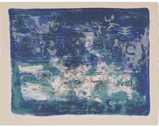 16
Zao Wou-Ki
1920-2013
"Jardin La Nuit"
Lithograph in colors on wove paper
Edition: 60/96
Signed in Chinese and Pinyin, dated, and numbered in pencil at the lower margin; E. et J. Desjobert, Paris, prntr.; Klipstein & Co., Bern, pub.
Image: 17.25" H x 22.5" W; Sheet: 20" H x 25.75" W
Estimate: $3,000 - $5,000