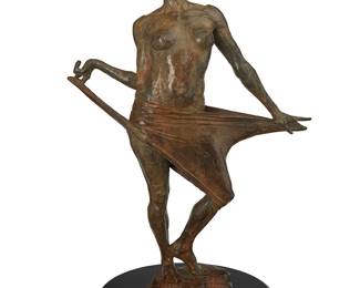 139
Paige Bradley
b. 1974
"Clarity," 1996
Patinated bronze on black marble base
Edition: 23/50
Signed and numbered in the casting: Paige Bradley; dated by repute
Overall: 20" H x 10" Dia.; Figure: 18.5" H x 12.5" W x 4.5" D
Estimate: $1,500 - $2,000