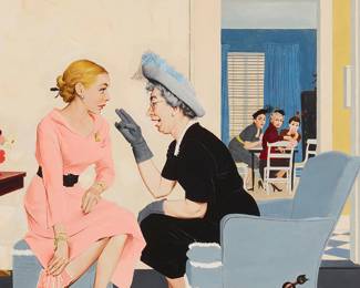 85
George E. Hughes
1907-1990
"Gossiping Neighbor," 1951
Oil on Masonite
Signed lower left: Hughes, titled by repute
Sight: 25.5" H x 20" W
Estimate: $25,000 - $35,000