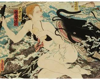 42
Masami Teraoka
b. 1936
"Rabbit Island Catfish" From The "New Waves Series," 1992
Watercolor on wove paper
Signed with the two artist's monograms lower left; signed again, titled, and dated in pencil on the lower sheet edge, verso; titled and dated again on various gallery and exhibition labels affixed to the frame's backing board
Image/Sheet: 15" H x 22.25" W
Estimate: $20,000 - $30,000