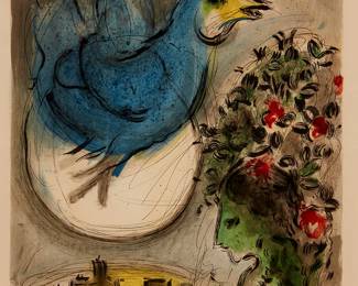 8
After Marc Chagall
1887-1985
"The Blue Bird," By Charles Sorlier, 1968
Lithograph in colors on Arches paper
Edition: XLV/L (one of 50 artist's proofs, aside from the edition of 200)
Signed, numbered, and inscribed in pencil in the lower margin: Marc Chagall; Mourlot, Paris, prntr.; Maeght Editeur, Paris, pub.
Image: 23" H x 17" W; Sheet: 28" H x 20.5" W
Estimate: $8,000 - $12,000
